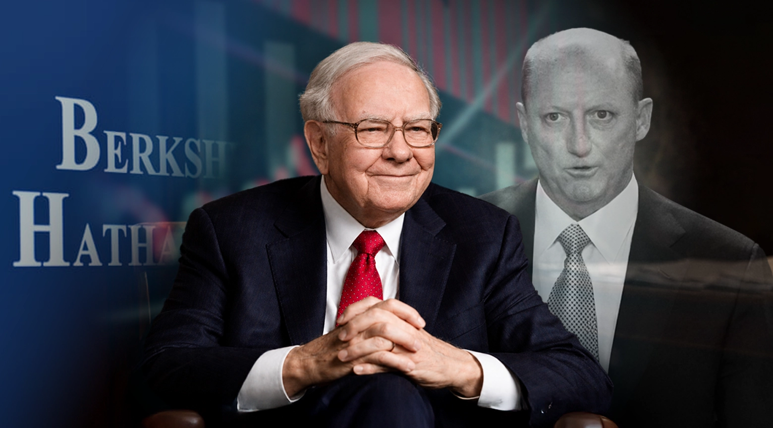 Imagen de Warren Buffett frente a elementos relacionados con Berkshire Hathaway y una figura en segundo plano que representa la sucesión empresarial e inversiones.