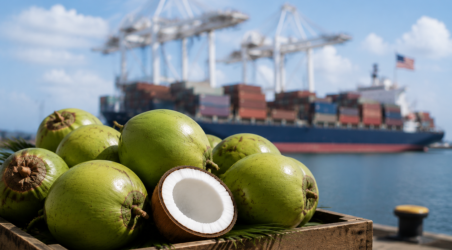 Cocos verdes, uno de ellos cortado por la mitad, en primer plano frente a un buque portacontenedores atracado en un puerto.