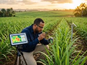 Persona realiza monitoreo de cultivos con tecnología agrícola y sensores de precisión en una plantación.
