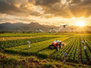 Drone agrícola sobrevuela cultivos para monitorear el estado de las plantas y apoyar la aplicación precisa de insumos en la producción agrícola.