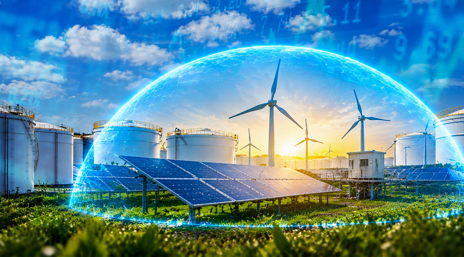 Imagen conceptual de energías renovables con paneles solares, aerogeneradores y una infraestructura energética bajo una cúpula digital.