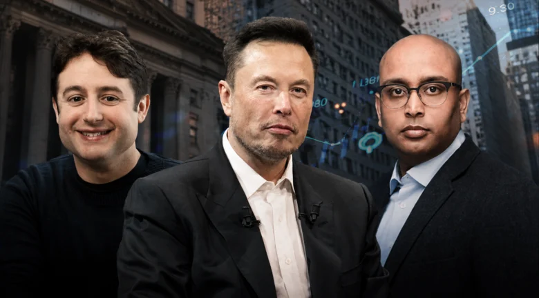 Montaje de tres figuras empresariales vestidas de traje frente a un entorno urbano de Wall Street, con gráficos financieros superpuestos, representando liderazgo tecnológico y mercados bursátiles.