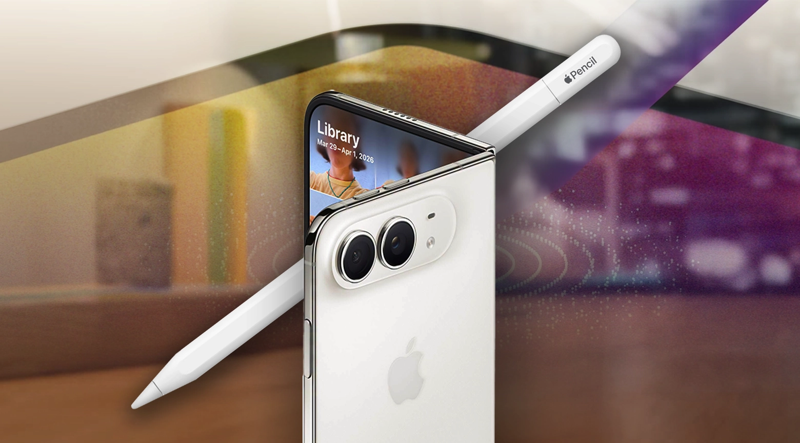 Imagen conceptual de un iPhone plegable junto a un Apple Pencil, representando un posible accesorio o dispositivo de Apple relacionado con nuevas tecnologías móviles.