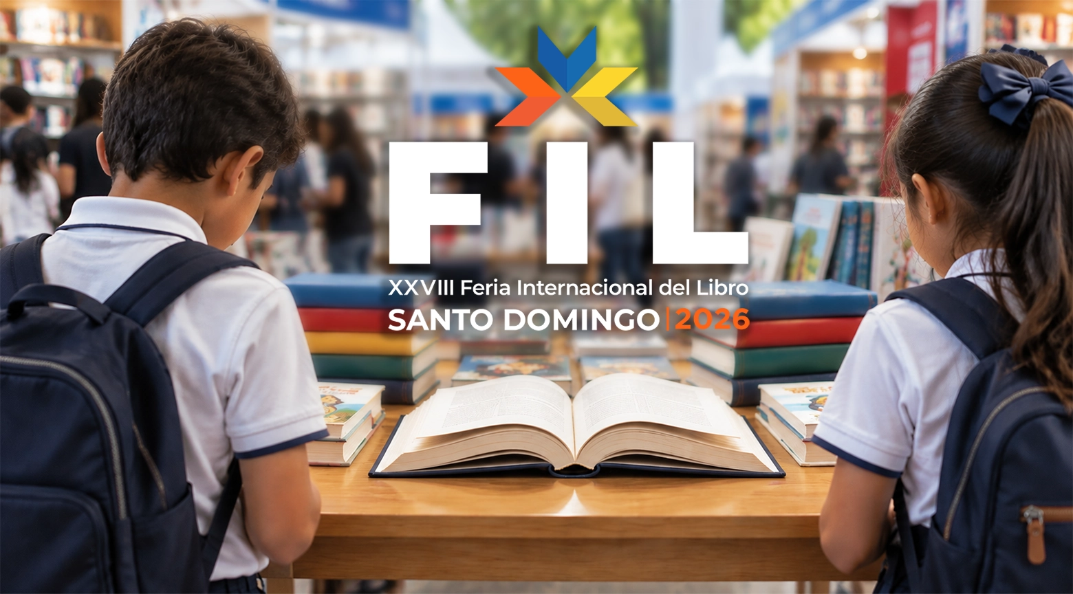 Imagen promocional de la XXVIII Feria Internacional del Libro Santo Domingo 2026, con dos estudiantes leyendo en una biblioteca rodeados de libros y el logotipo oficial del evento en el centro.
