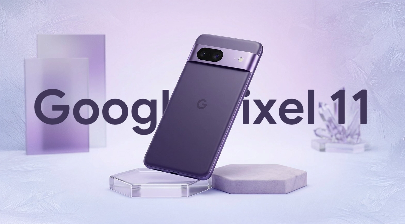 Teléfono inteligente Google Pixel 11 en color morado sobre una base de exhibición con el nombre Pixel 11 al fondo.