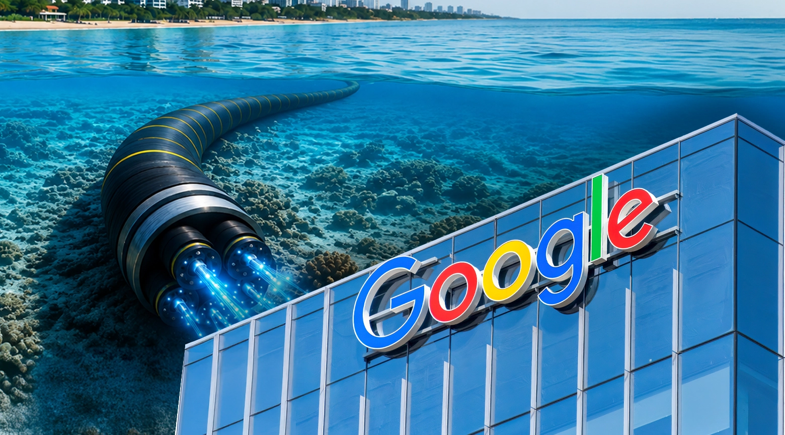 Ilustración de un cable submarino de fibra óptica conectado a una infraestructura de Google, representando la expansión de la conectividad digital y los servicios de nube.
