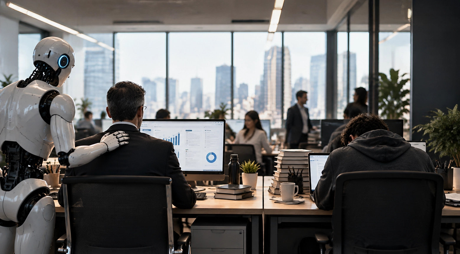 Robot junto a trabajadores en una oficina moderna, con personas utilizando computadoras y gráficos digitales en una pantalla, representando la integración de la inteligencia artificial en el trabajo.