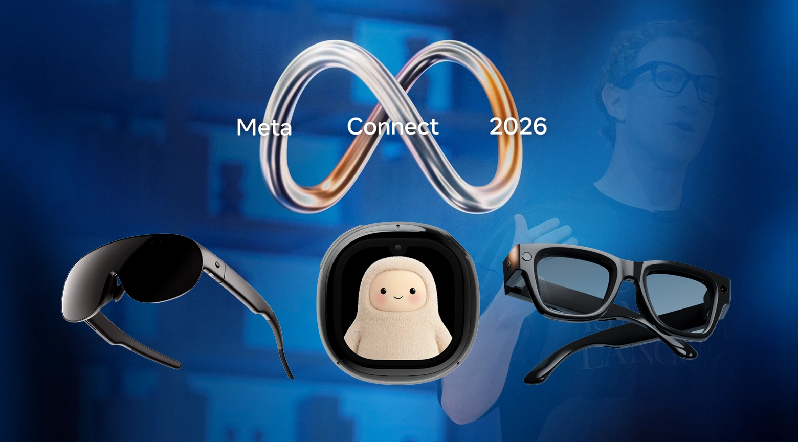 Imagen promocional de Meta Connect 2026 con dispositivos de realidad aumentada e inteligencia artificial, incluyendo gafas inteligentes, un visor y accesorios tecnológicos.