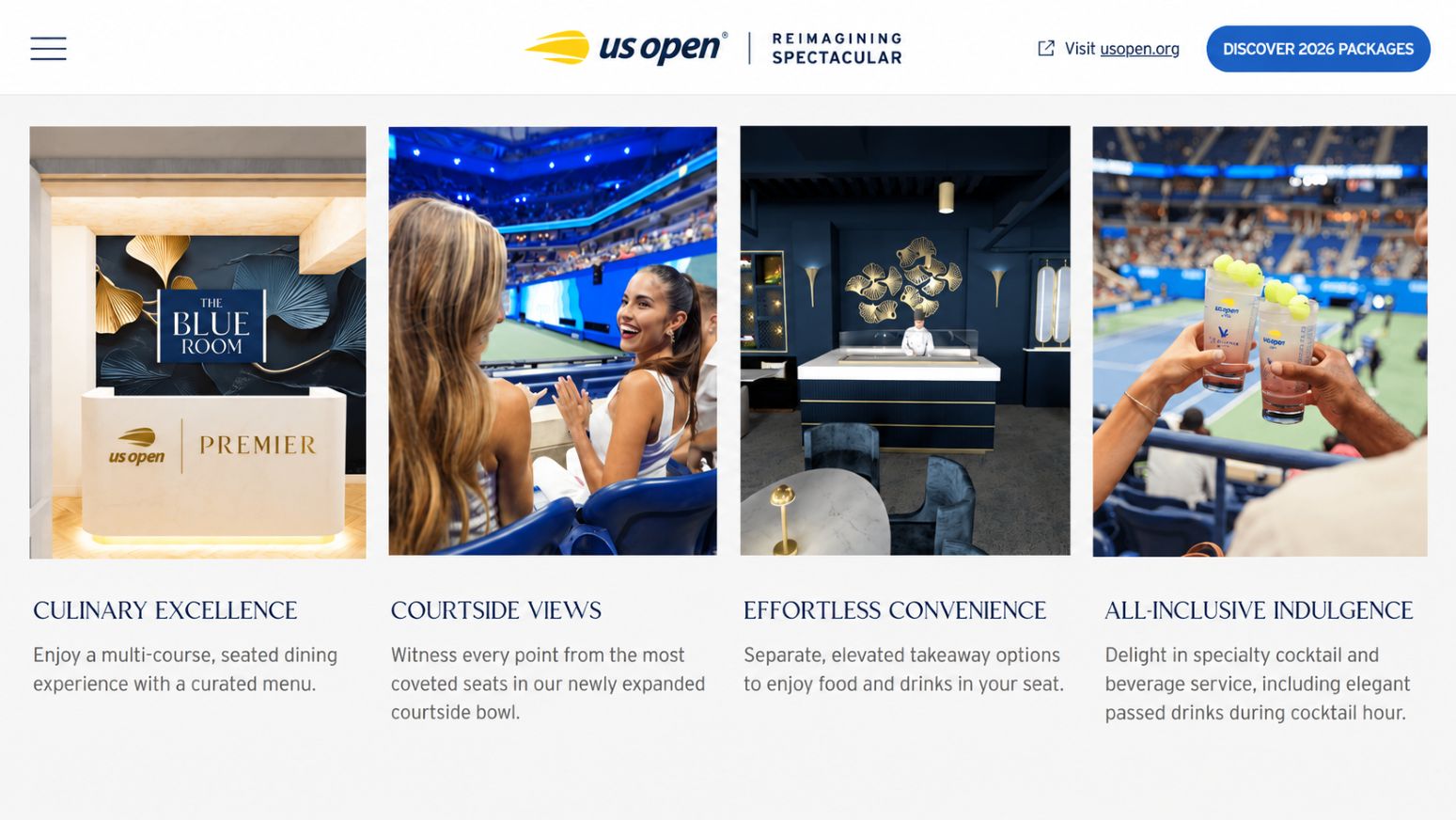 US Open Premier muestra courtside, The Blue Room, gastronomía y servicios de hospitality en Arthur Ashe Stadium.