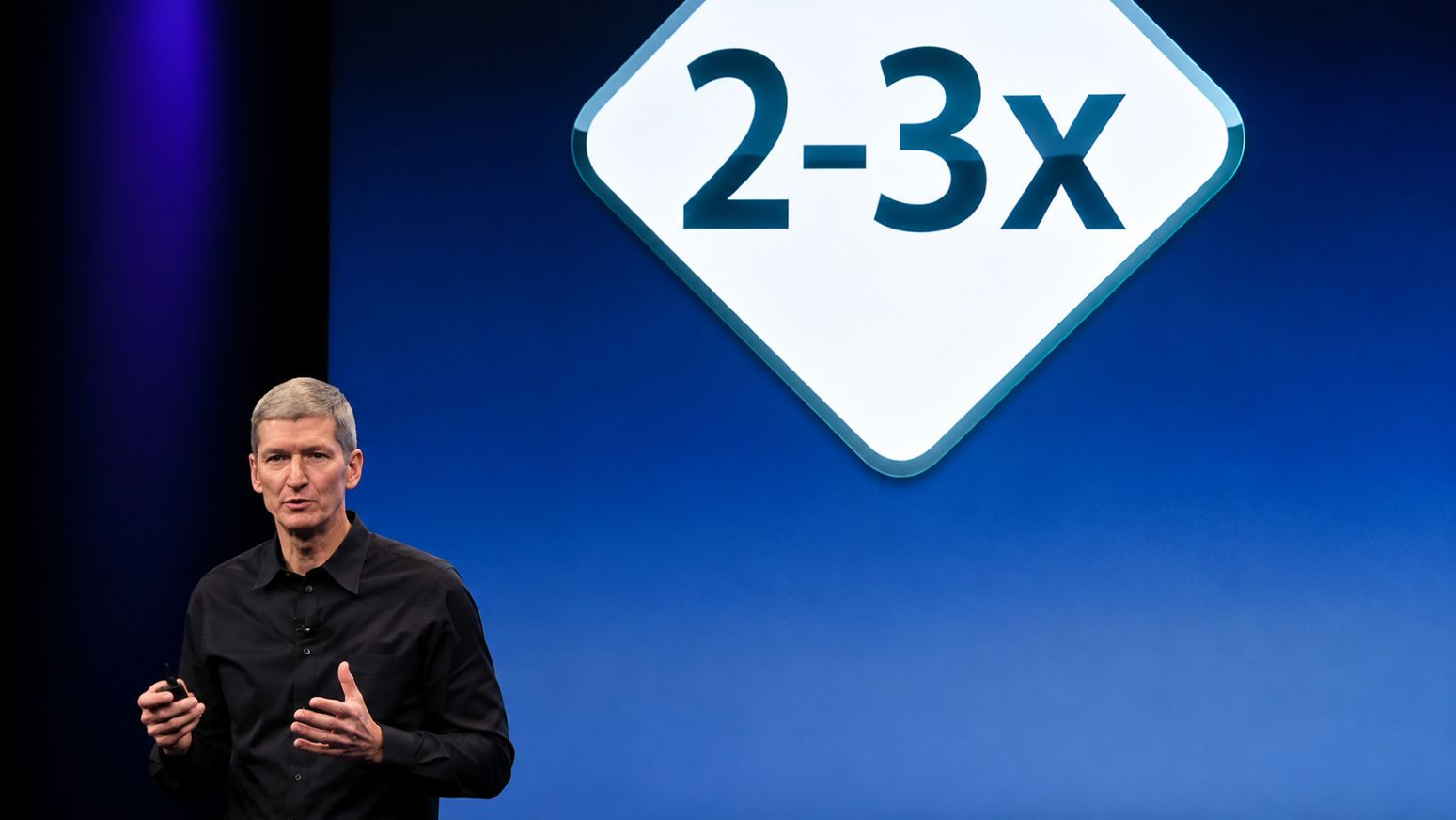 Tim Cook habla durante la Goldman Sachs Technology and Internet Conference de 2012 frente a una pantalla azul con el gráfico “2-3x”.