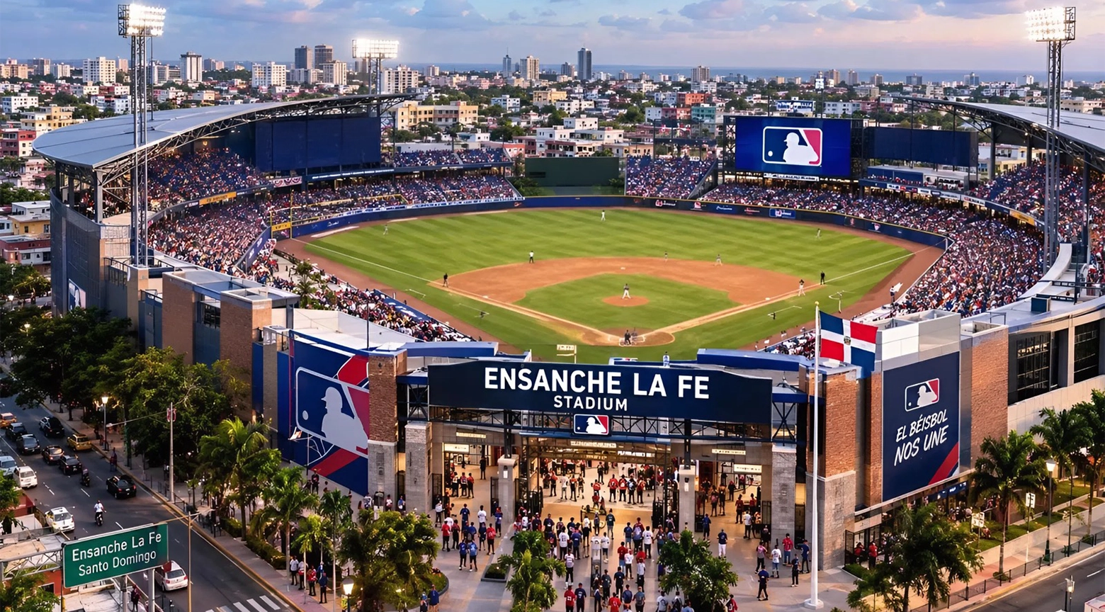 Vista panorámica de un estadio de béisbol moderno con público en las gradas y una ciudad al fondo.
