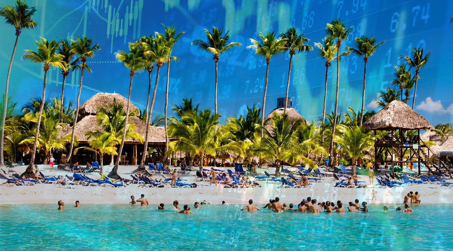 Playa tropical del Caribe con palmeras, turistas en el agua y en la arena, con gráficos financieros superpuestos que representan crecimiento del turismo.