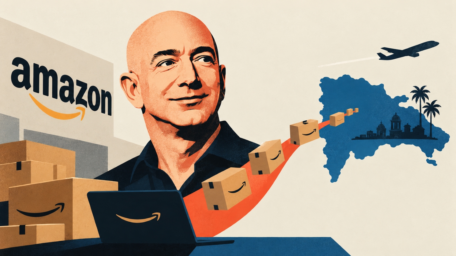 Ilustración sobre Amazon y la exención fiscal en RD, con paquetes enviados hacia República Dominicana y elementos del comercio electrónico internacional.