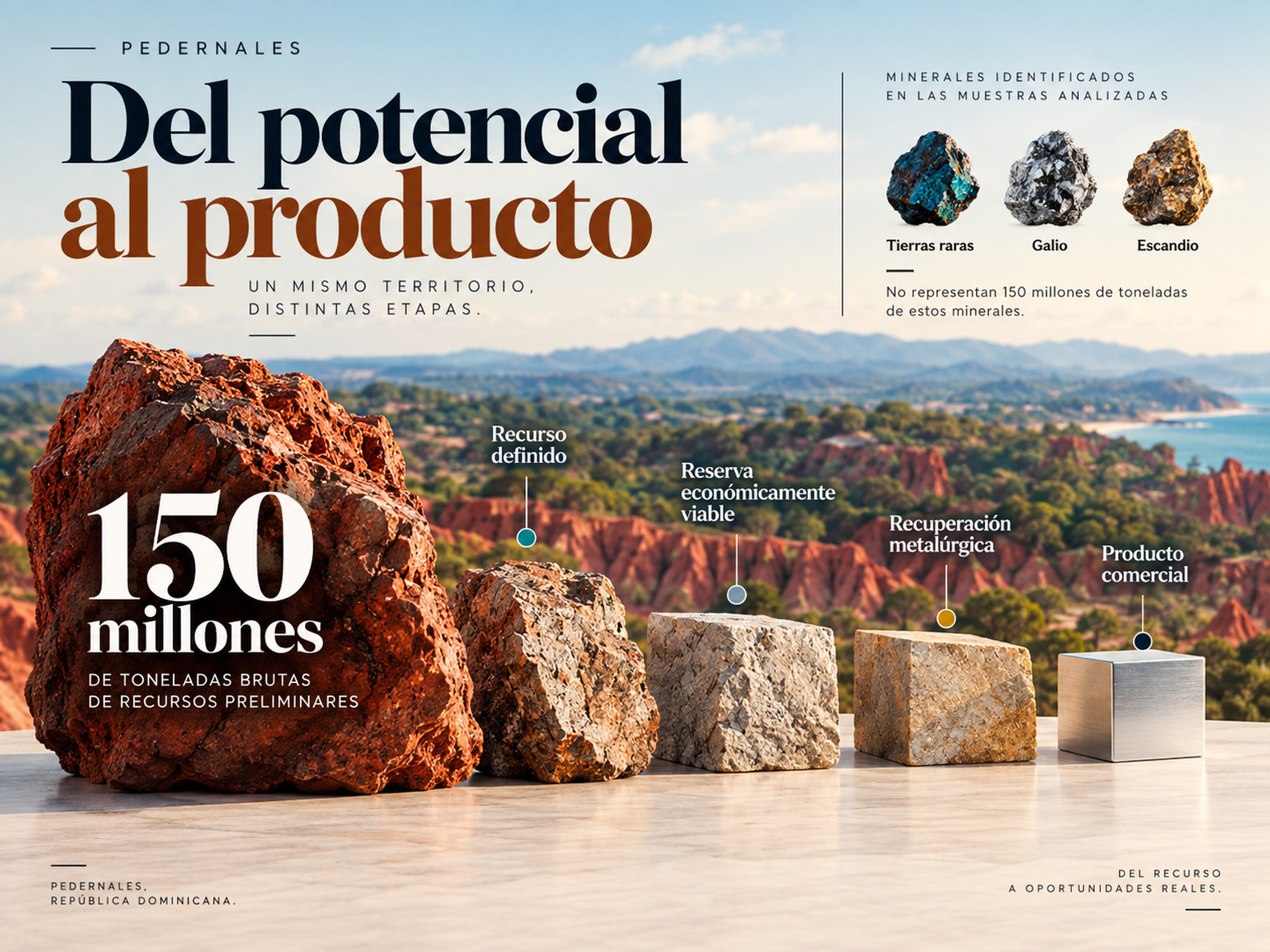 Gráfica de Pedernales que explica el proceso desde 150 millones de toneladas brutas de recursos preliminares hasta un posible producto comercial de minerales críticos.