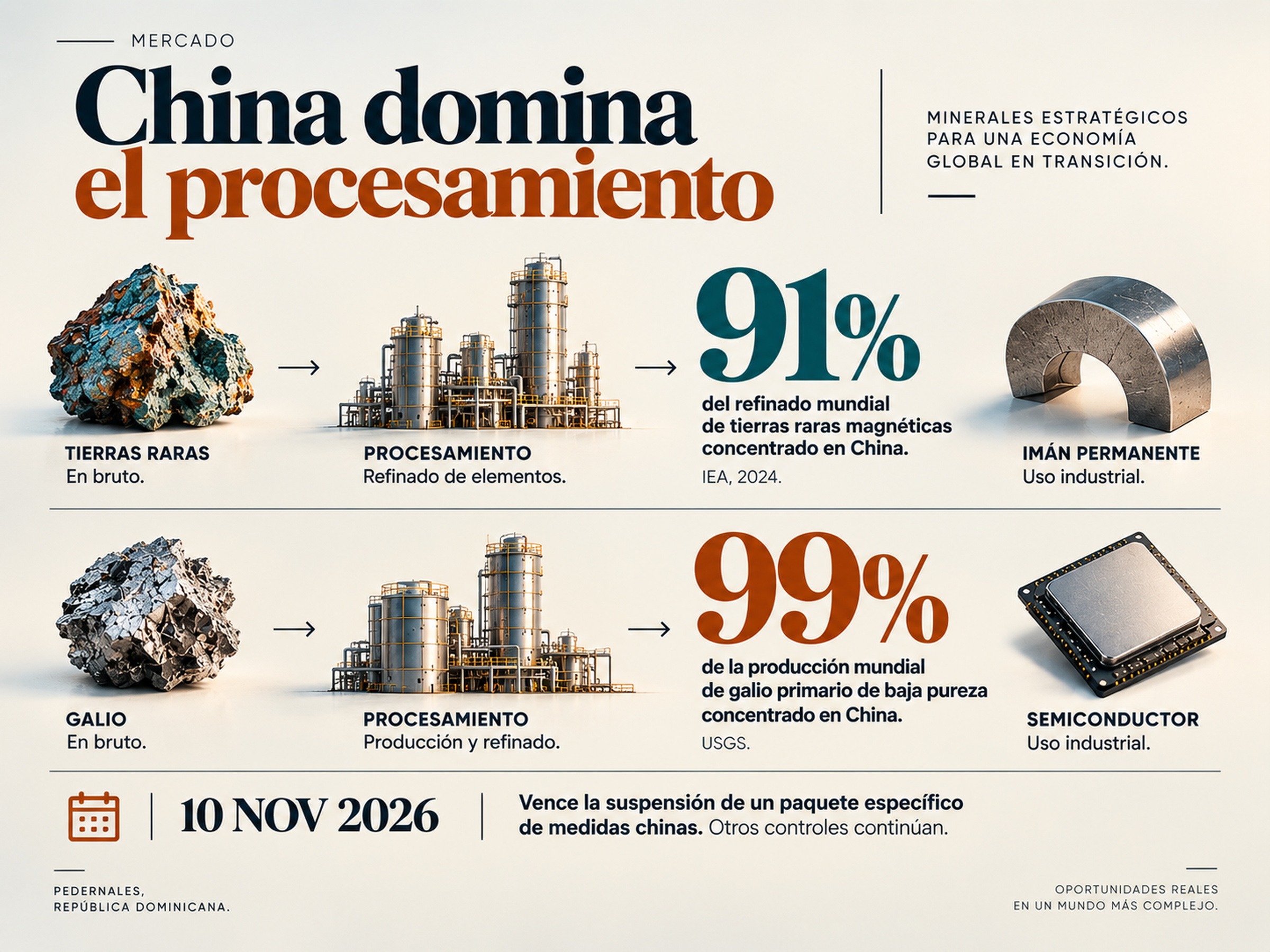 Gráfica sobre el dominio de China en el procesamiento de minerales críticos, con 91% del refinado de tierras raras magnéticas y 99% de la producción de galio primario de baja pureza.