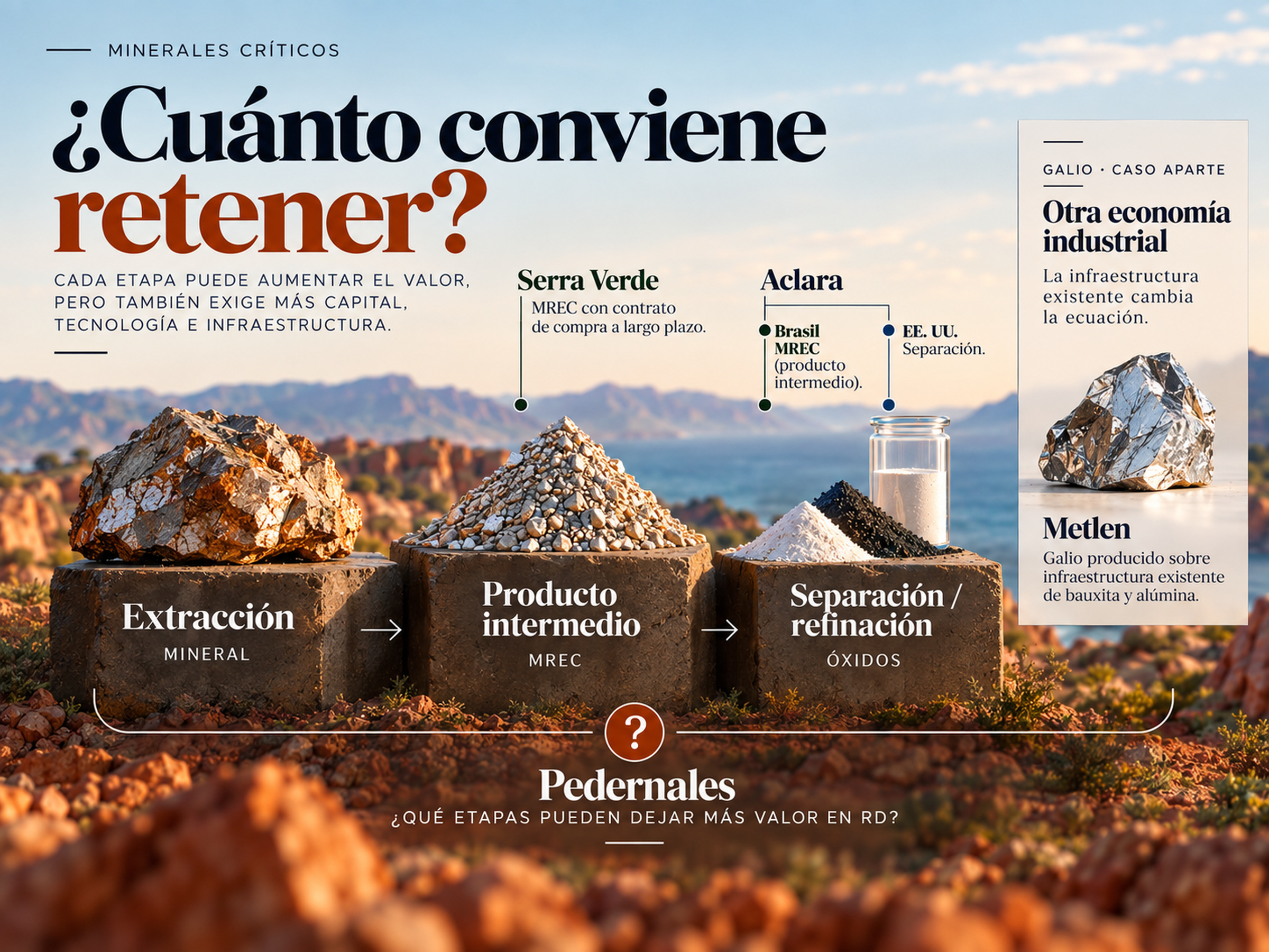 Gráfica sobre Pedernales y la cadena de valor de los minerales críticos, desde la extracción hasta productos intermedios y procesos de separación y refinación.