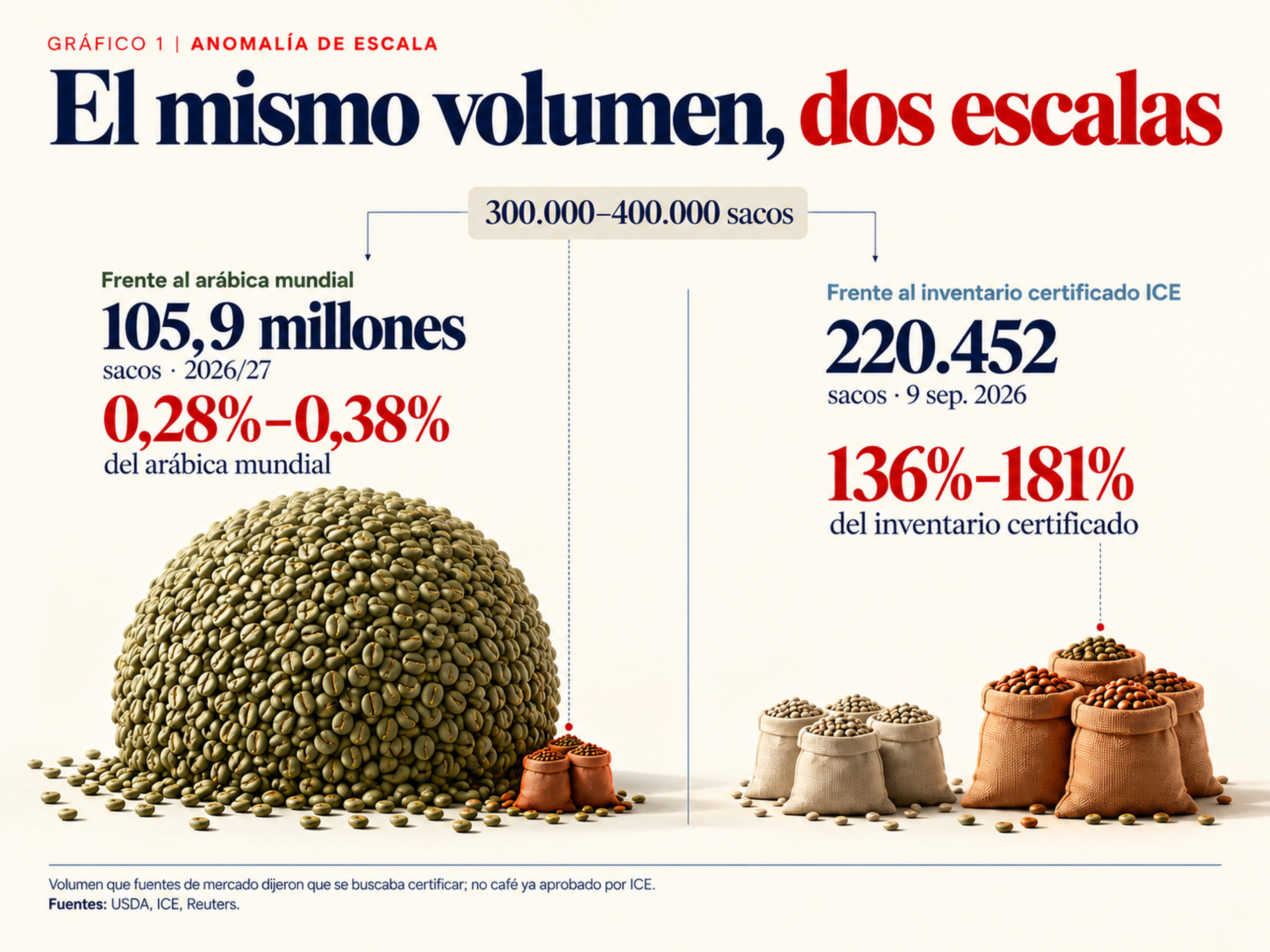 Gráfico compara 300.000-400.000 sacos de café con 105,9 millones de sacos de arábica mundial y 220.452 sacos certificados por ICE.