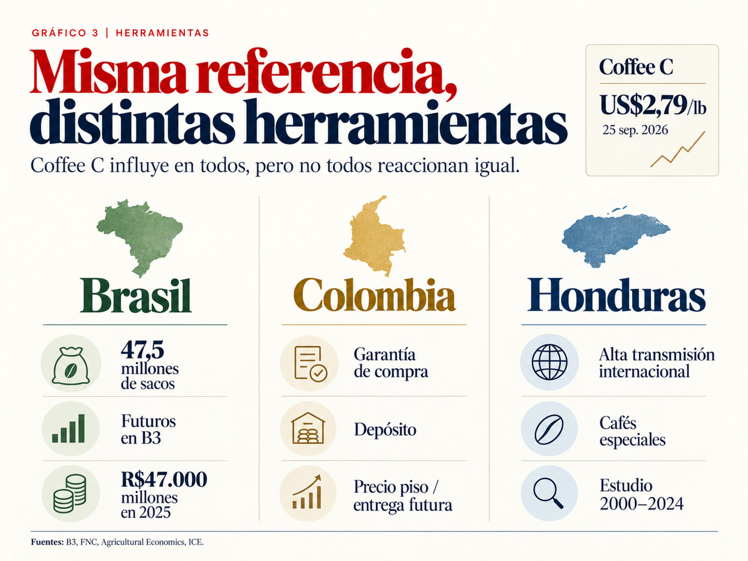 Gráfico compara las herramientas de Brasil, Colombia y Honduras frente al precio internacional del café y Coffee C.