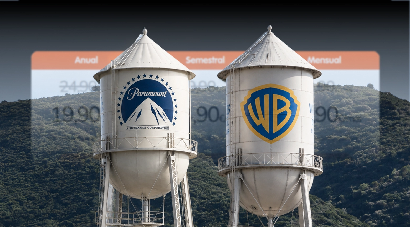 Dos torres de agua con los logotipos de Paramount y Warner Bros., junto a una interfaz de precios de suscripción, representando una posible alianza entre empresas de entretenimiento y su impacto en los usuarios.