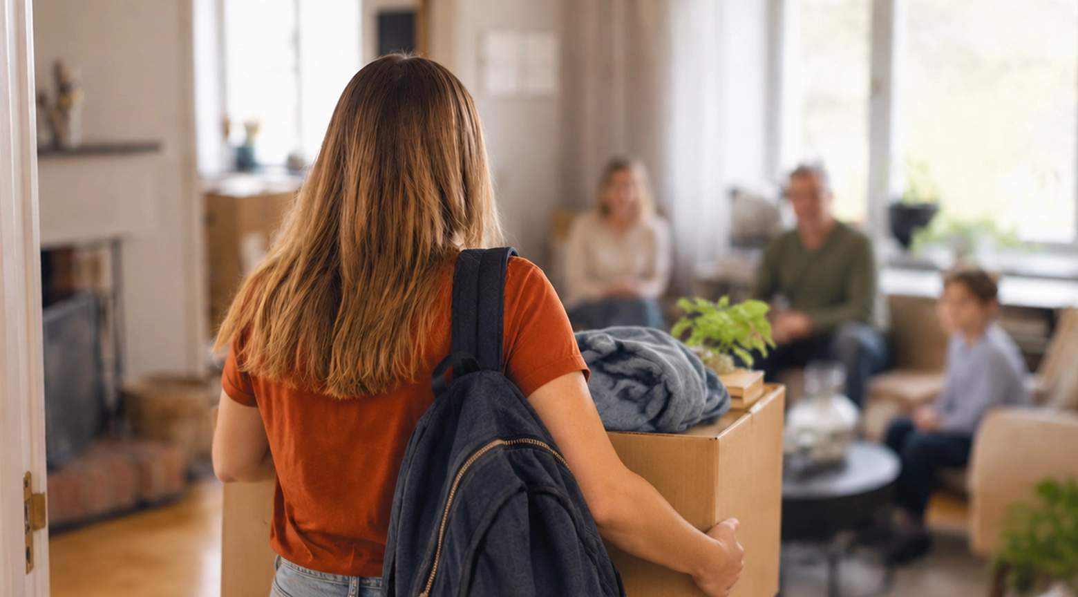 Persona joven entrando a una vivienda con una caja de pertenencias y una mochila, mientras al fondo se observa una familia dentro de un hogar.