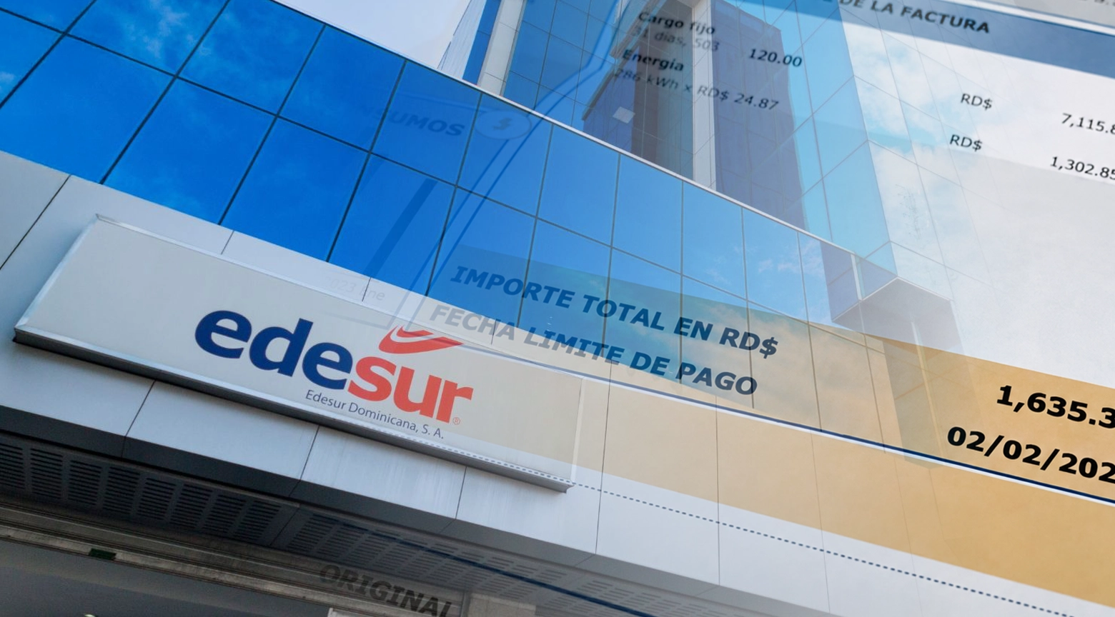 Montaje del letrero de la oficina comercial de Edesur Dominicana junto al detalle de una factura de servicio eléctrico con montos en pesos dominicanos.
