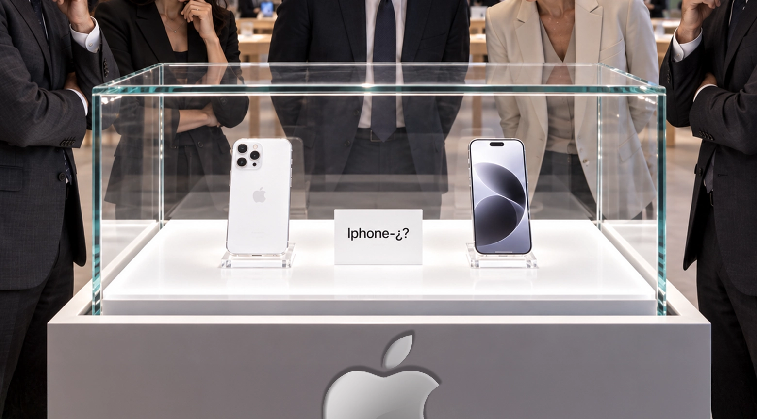 Vitrina de una tienda Apple con dos modelos de iPhone exhibidos y un cartel que pregunta “Iphone-¿?”, rodeados de personas observando el producto.