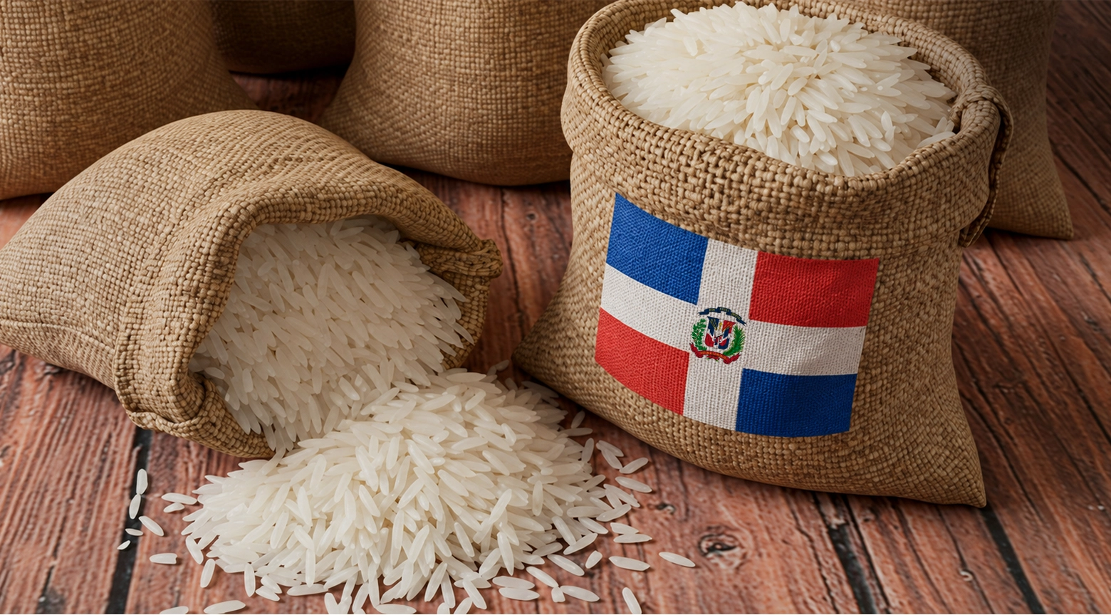 Sacos de yute abiertos con arroz blanco en su interior, uno de ellos decorado con el escudo y la bandera de la República Dominicana.