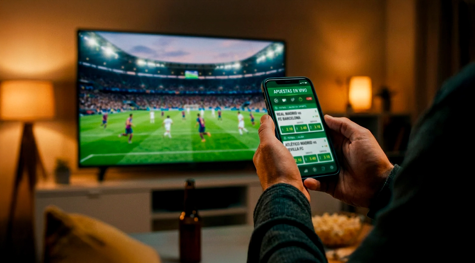 Persona sostiene un teléfono inteligente con una aplicación de apuestas deportivas en vivo mientras observa un partido de fútbol transmitido por televisión. En la pantalla del celular aparecen encuentros, cuotas y opciones de apuestas.