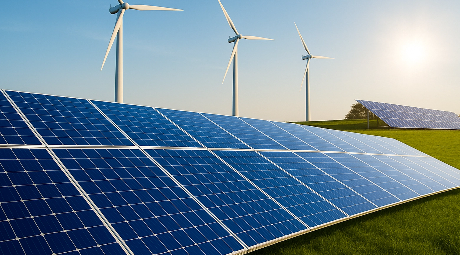 Paneles solares fotovoltaicos azules instalados sobre un terreno verde, con tres aerogeneradores al fondo bajo un cielo despejado. Imagen representativa de la generación de energía renovable.