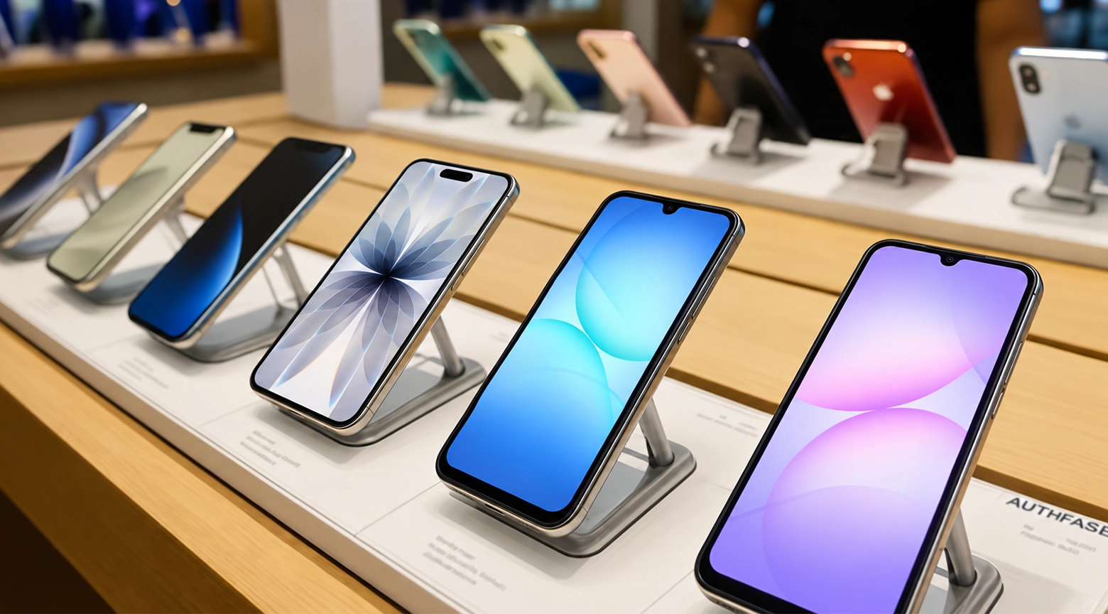 Varios teléfonos inteligentes de distintos colores y diseños exhibidos sobre soportes en una tienda de tecnología.