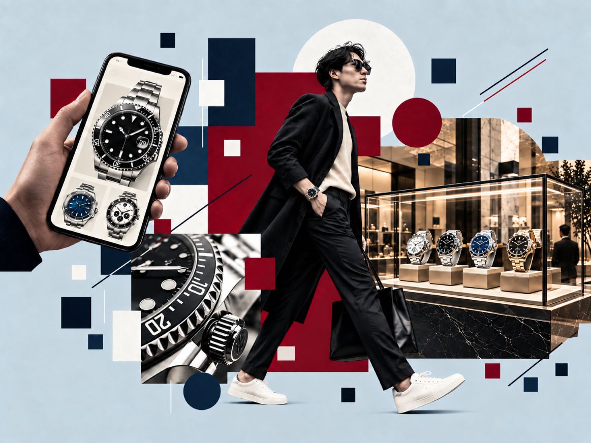 Collage editorial con relojes de lujo, un comprador joven, un teléfono móvil y una vitrina de relojería que representa el auge del mercado de relojes usados.