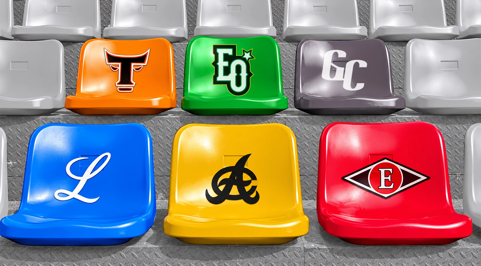 Seis asientos de estadio de diferentes colores muestran los logotipos de los equipos de la Liga de Béisbol Profesional de la República Dominicana (LIDOM): Tigres del Licey, Águilas Cibaeñas, Leones del Escogido, Estrellas Orientales, Toros del Este y Gigantes del Cibao.