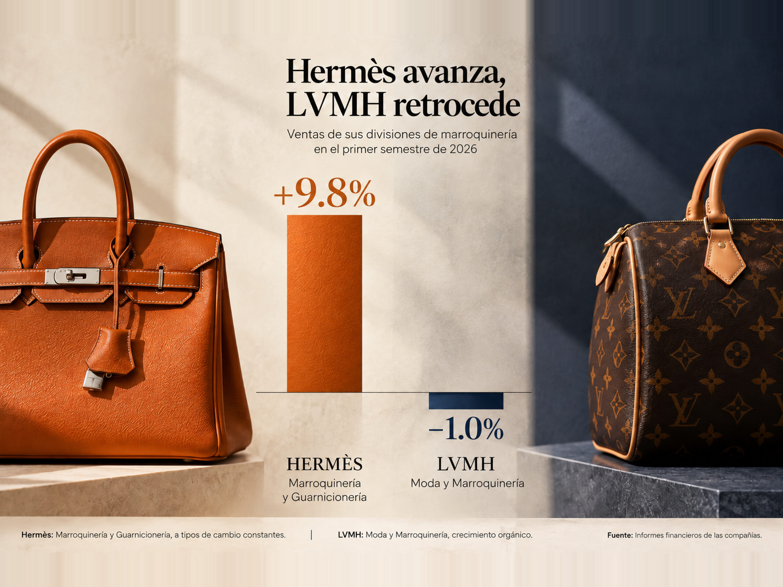 Gráfico comparativo de Hermès y LVMH: marroquinería de Hermès creció un 9.8% y Moda y Marroquinería de LVMH cayó un 1% en el primer semestre de 2026.