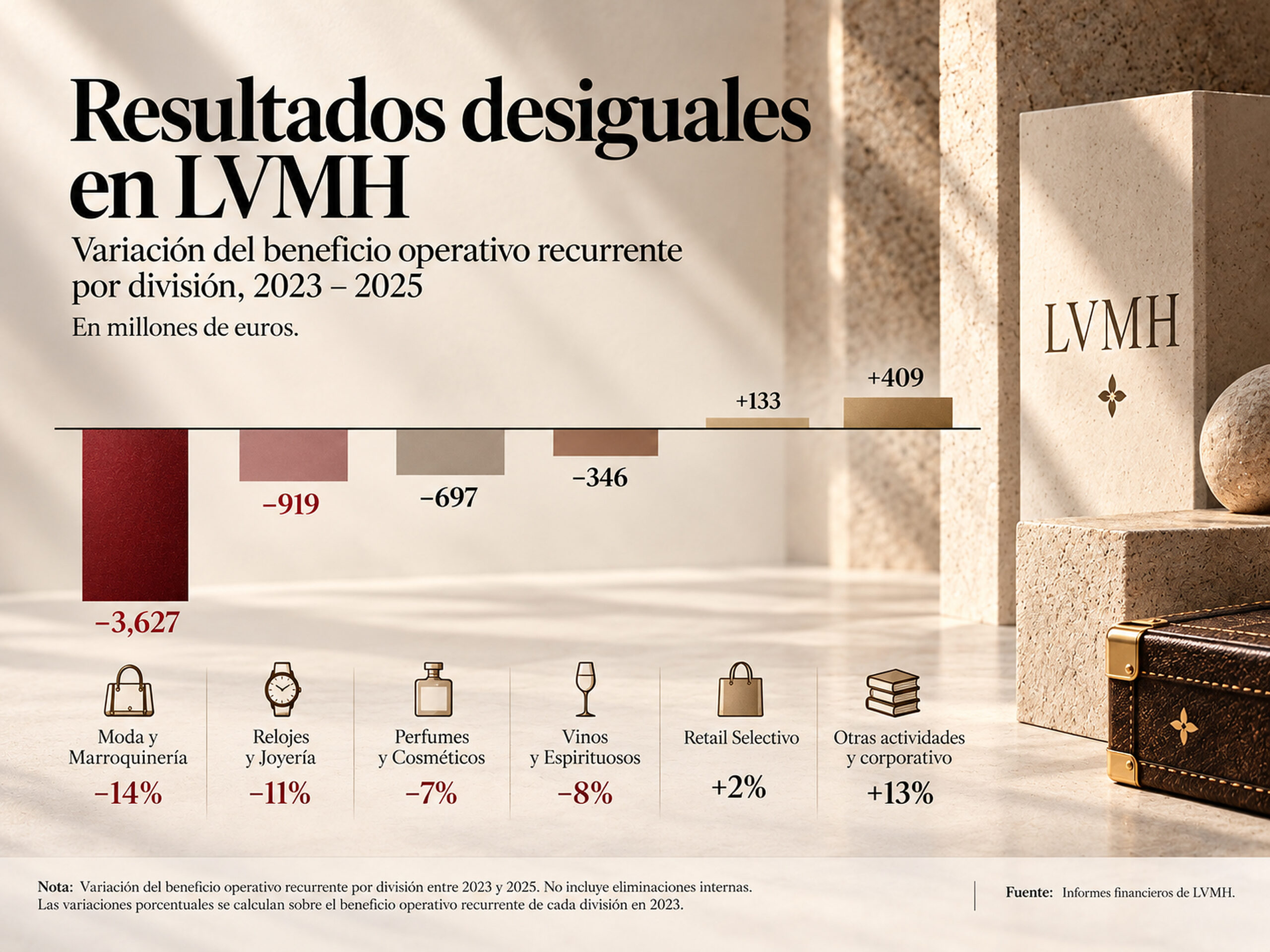 Gráfico de LVMH que muestra la caída del beneficio operativo recurrente por división entre 2023 y 2025, liderada por Moda y Marroquinería con 3,627 millones de euros menos.