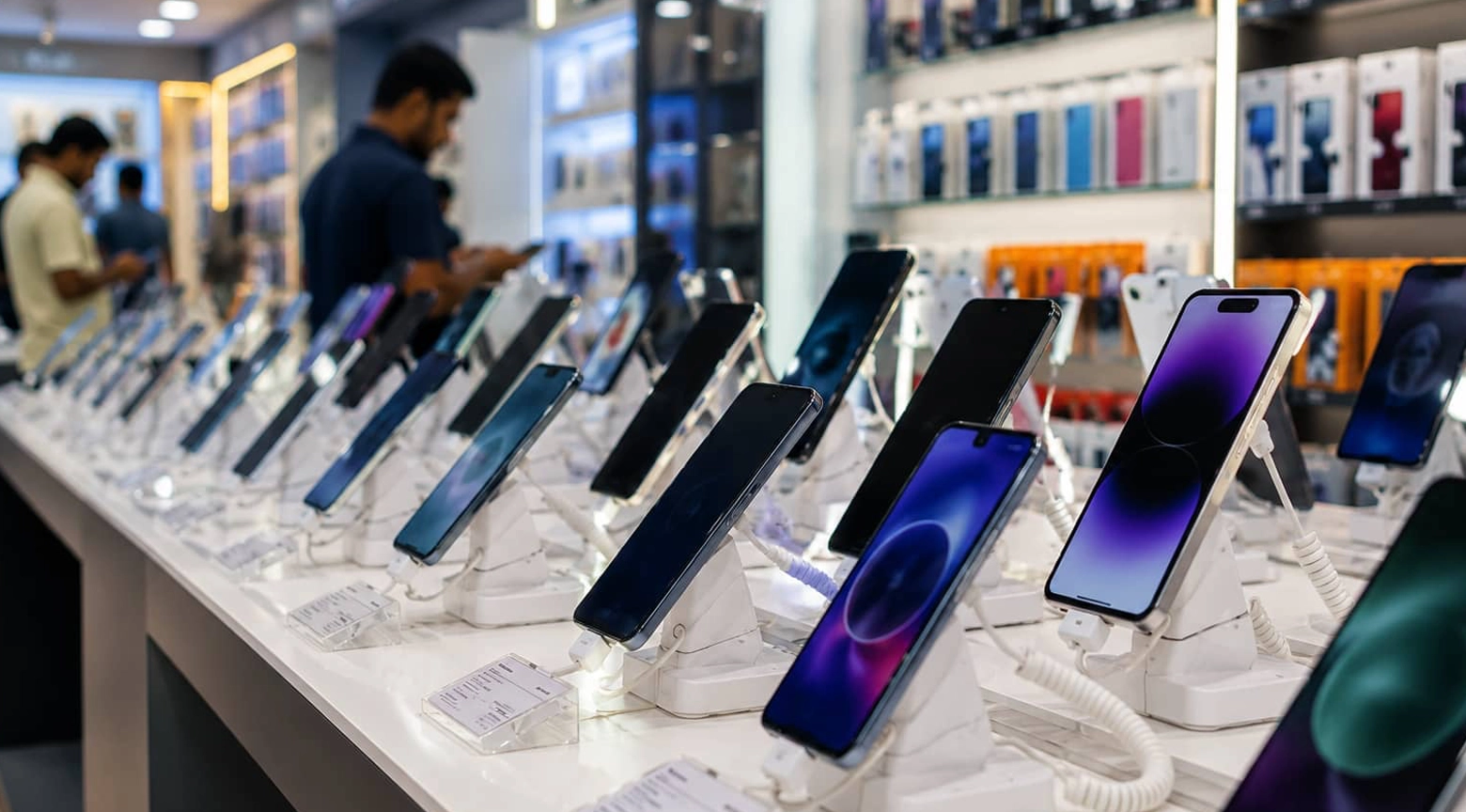 Exhibición de teléfonos inteligentes de diferentes modelos y marcas en una tienda de tecnología.