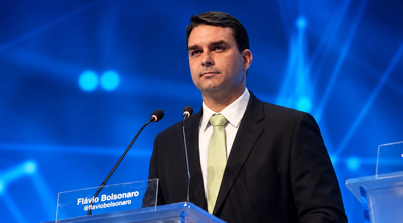 Flávio Bolsonaro aparece detrás de un podio transparente con dos micrófonos, vestido con traje oscuro, camisa blanca y corbata verde claro, frente a un fondo azul iluminado durante un acto público.