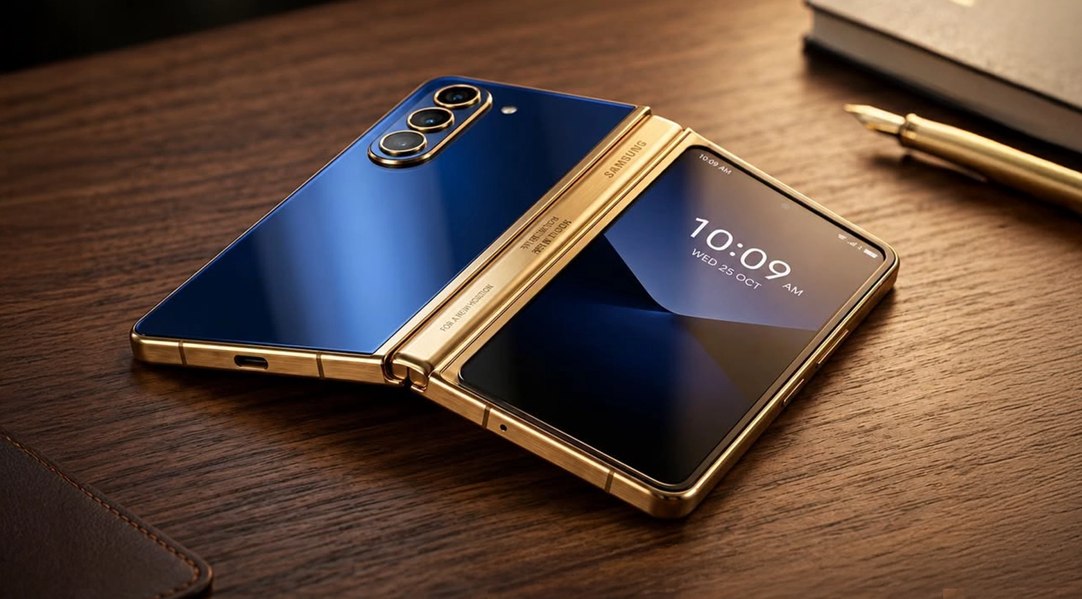 Un teléfono plegable Samsung de lujo, con acabado azul oscuro y detalles dorados, aparece parcialmente abierto sobre una mesa de madera. El dispositivo presenta tres cámaras traseras, una bisagra dorada y una pantalla exterior encendida que muestra la hora.