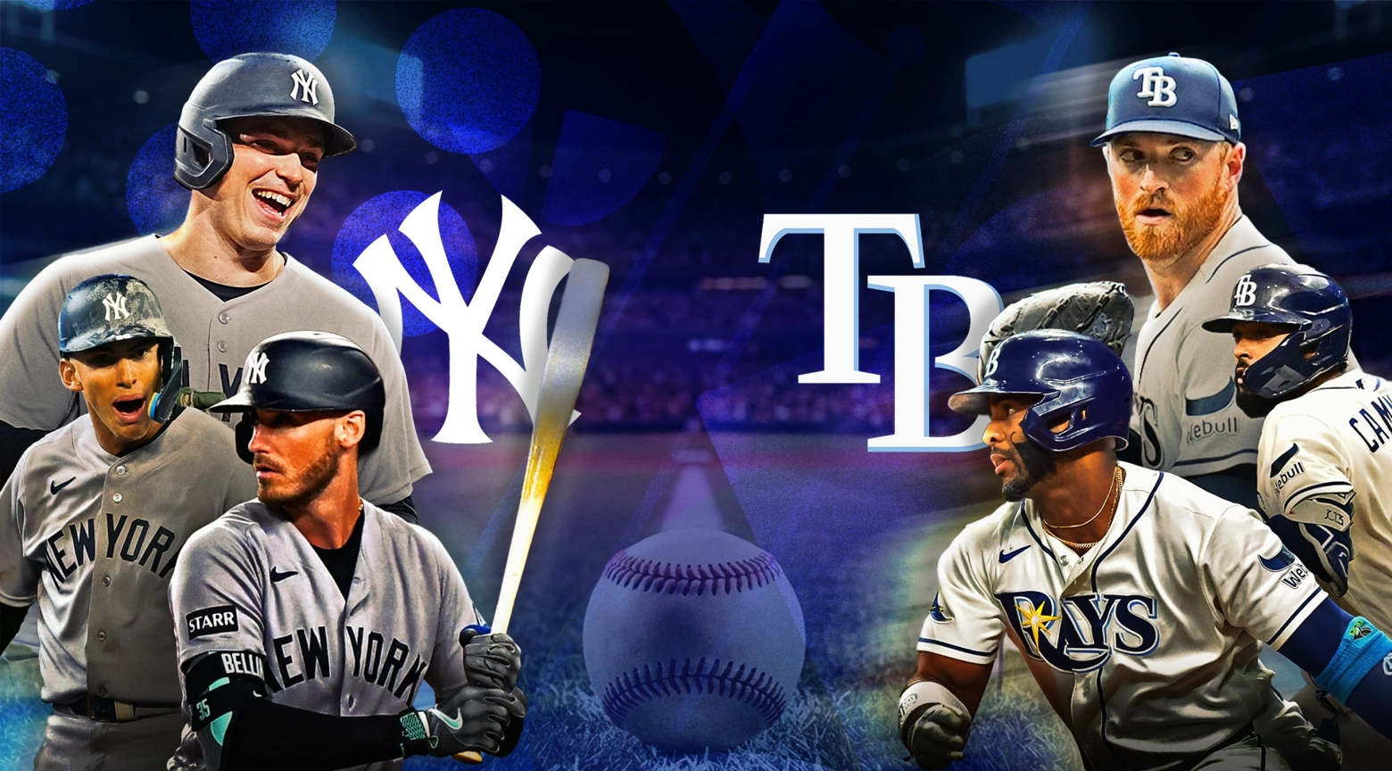Montaje gráfico que muestra jugadores de los Yankees de Nueva York a la izquierda y de los Rays de Tampa Bay a la derecha con los logotipos de ambos equipos.