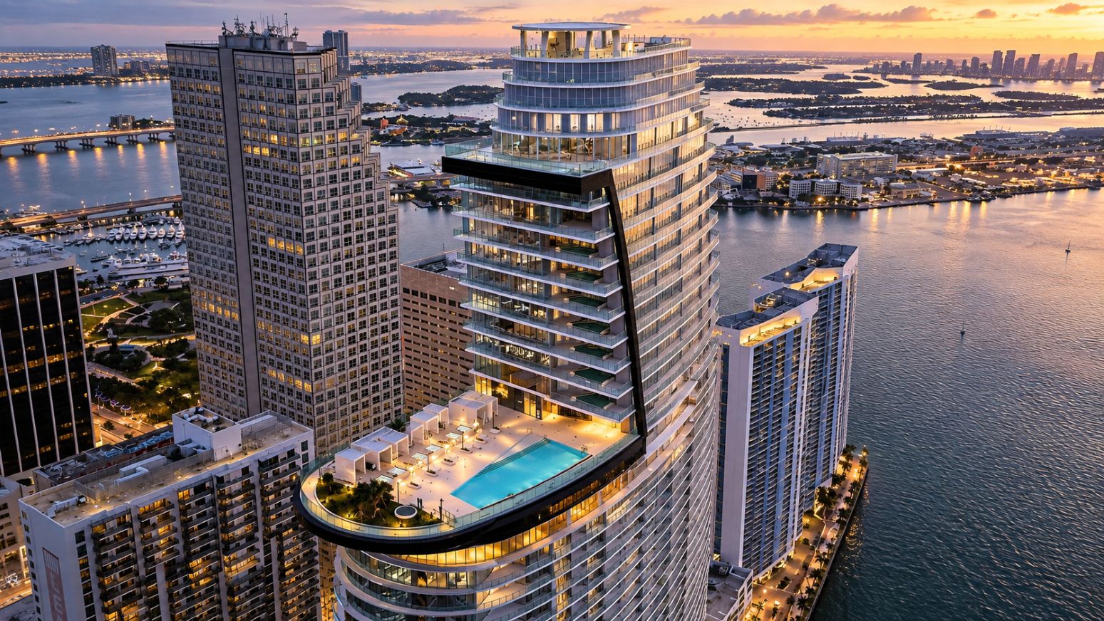 Vista aérea de Aston Martin Residences Miami, torre de branded residences de lujo en Miami.