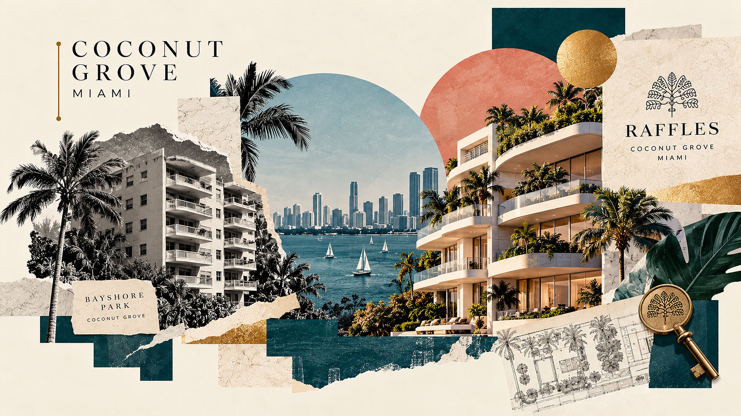 Collage editorial de Coconut Grove, Miami, con un edificio antiguo en blanco y negro, la bahía de Biscayne y una recreación arquitectónica de Raffles Residences.