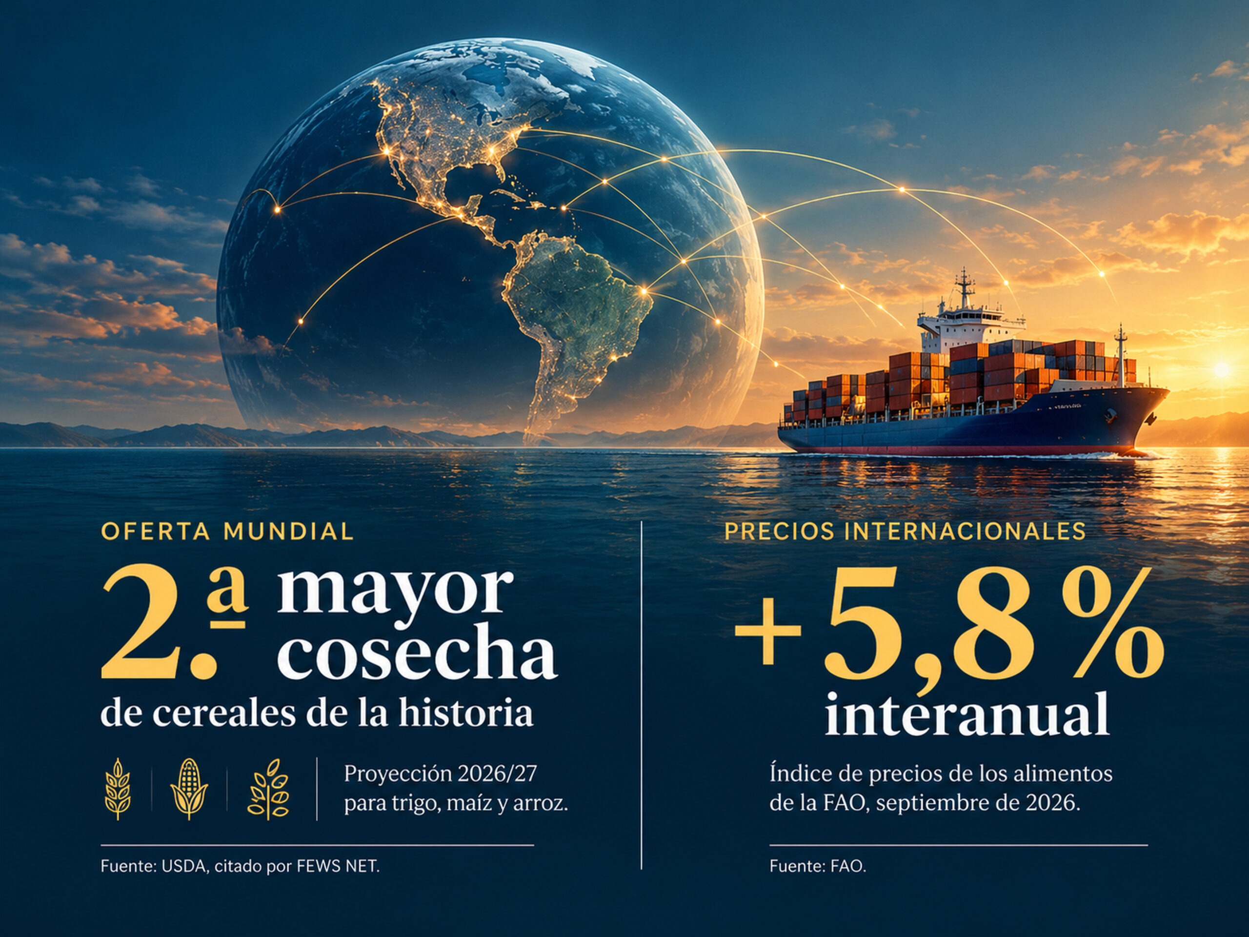 Infografía sobre producción mundial de cereales y precios de alimentos en 2026. Un globo terráqueo y un buque comercial ilustran la segunda mayor cosecha prevista de trigo, maíz y arroz frente al aumento interanual del 5,8 % en el índice de la FAO.