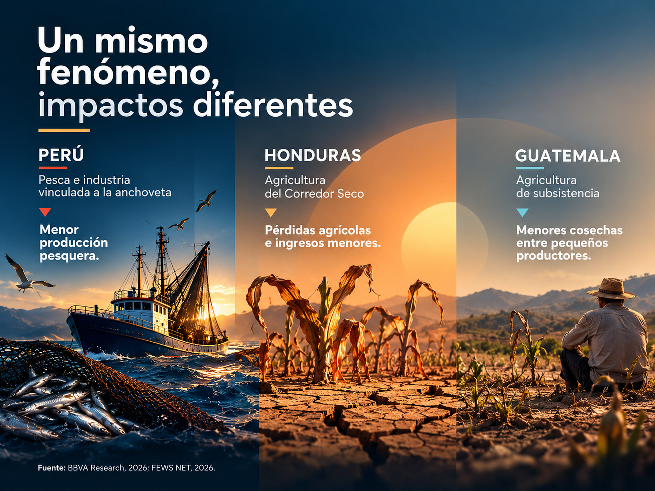 Infografía de El Niño en América Latina que compara la menor producción pesquera en Perú, las pérdidas agrícolas en Honduras y las cosechas reducidas de pequeños productores en Guatemala.