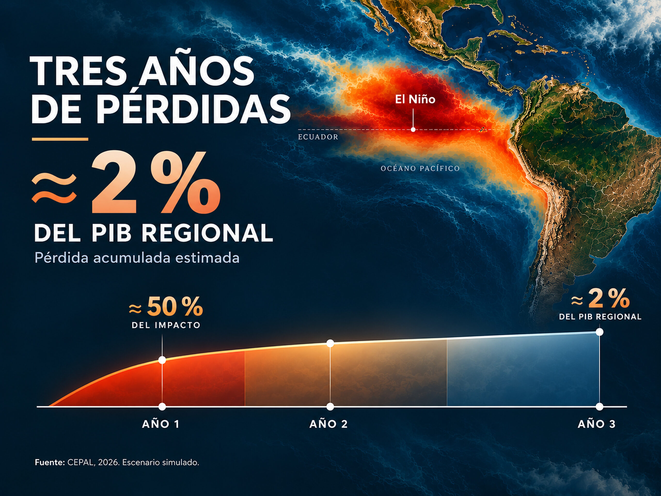 Infografía sobre El Niño y las pérdidas económicas en América Latina, con un mapa del Pacífico y una estimación de impacto acumulado cercano al 2 % del PIB regional en tres años, según la CEPAL.