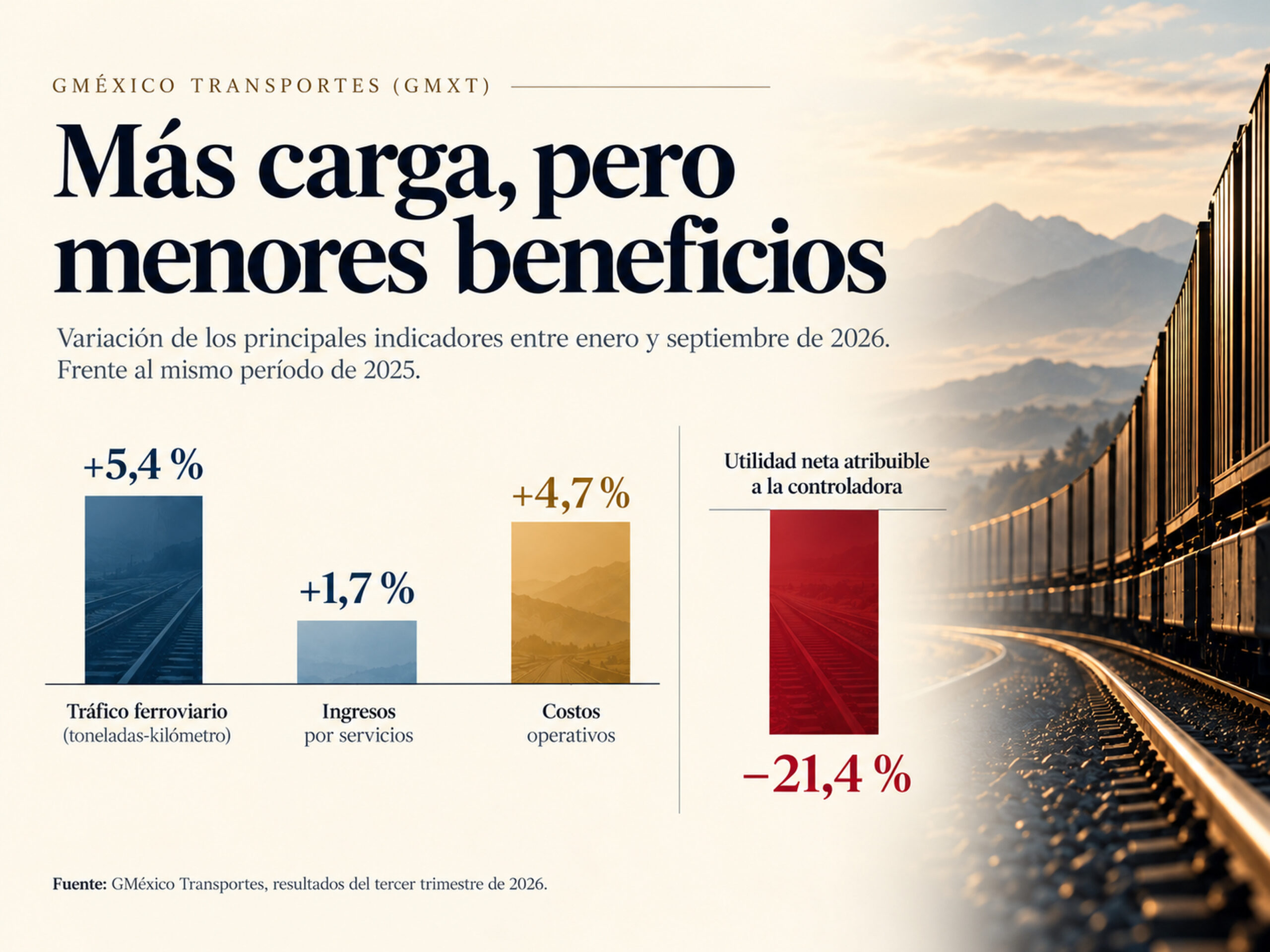 Infografía de GMXT con tráfico ferroviario +5,4 %, ingresos +1,7 %, costos operativos +4,7 % y utilidad atribuible −21,4 % en 2026.