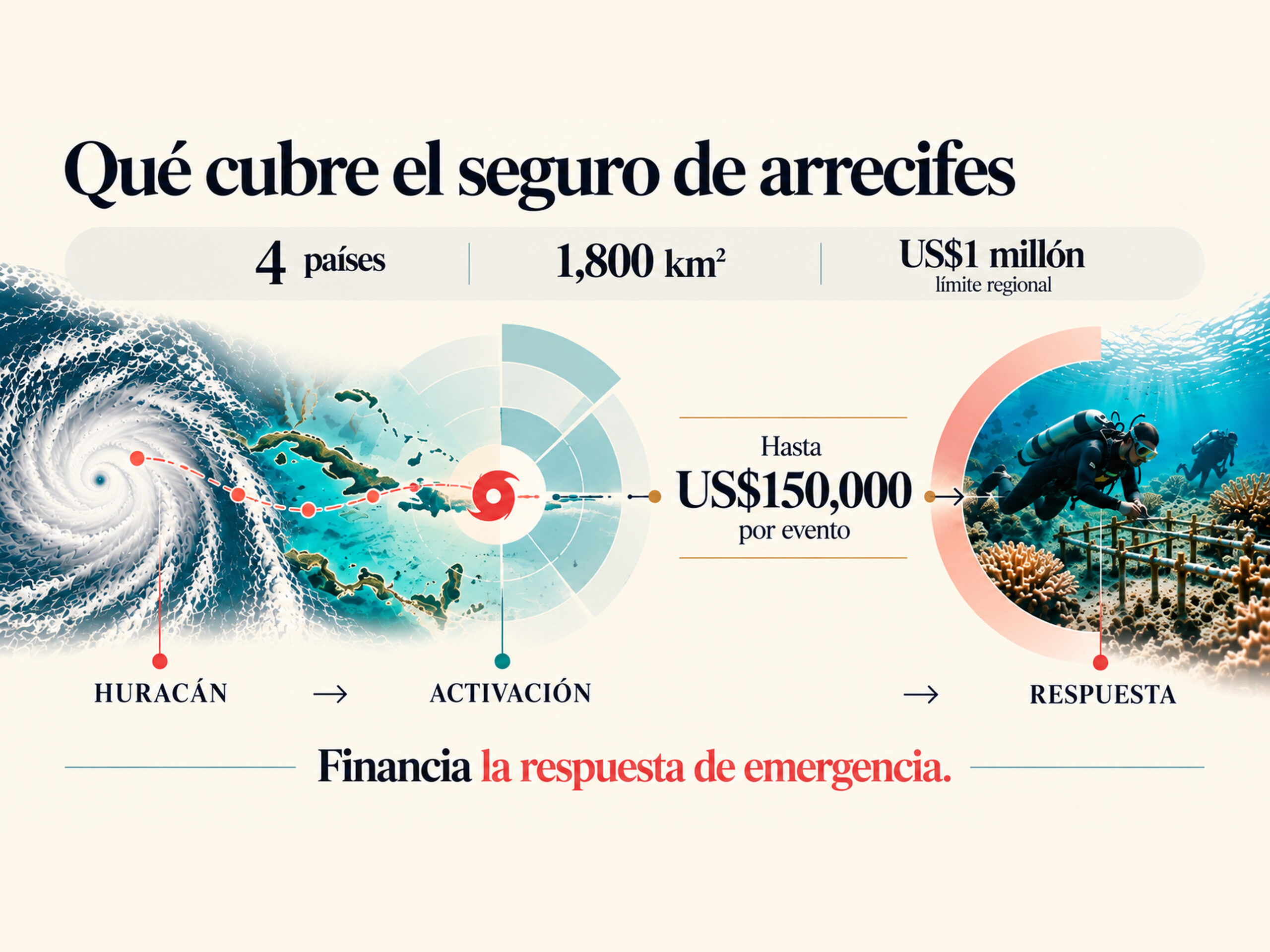 Gráfica del seguro paramétrico para arrecifes del Caribe y su cobertura de 1,800 km² en cuatro países.
