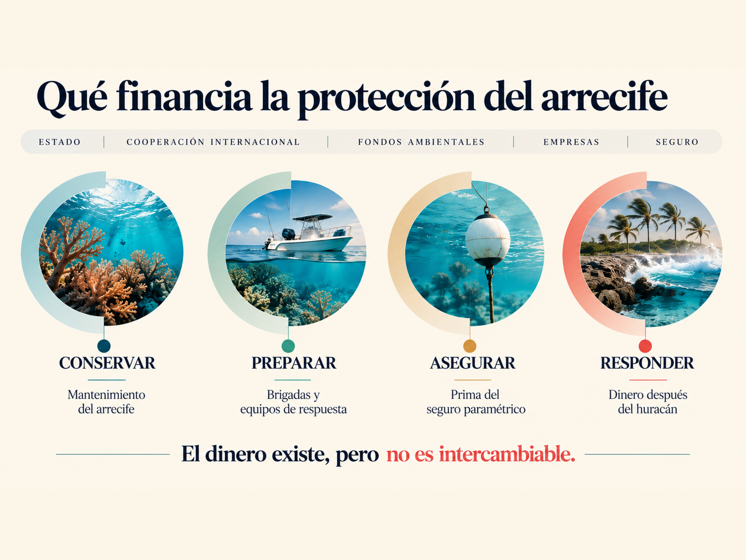 Gráfica sobre las fuentes de financiación para la conservación, preparación, seguro y respuesta de los arrecifes.