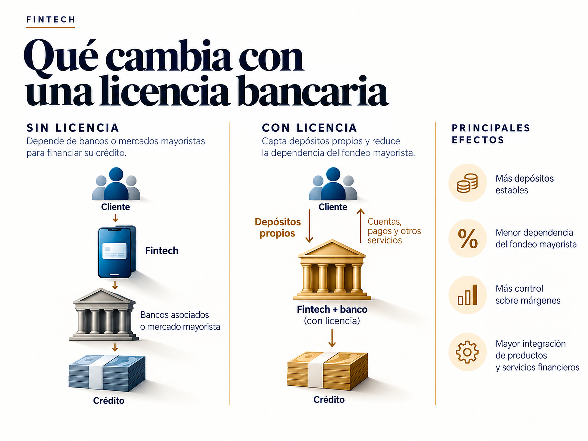 Infografía que compara una fintech sin licencia bancaria y con licencia, mostrando depósitos propios, fondeo mayorista, crédito y control sobre los márgenes.