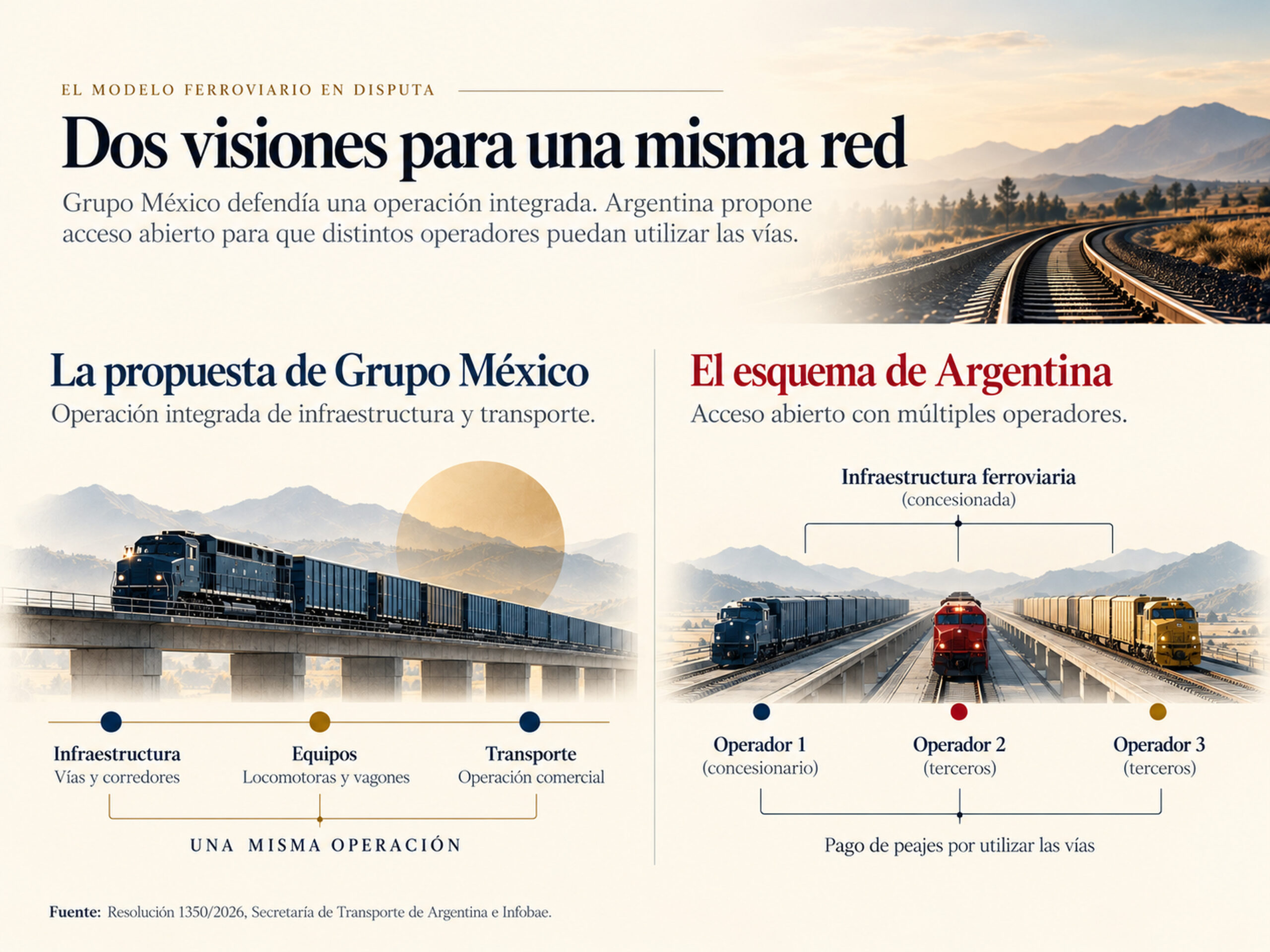 Infografía que compara la operación ferroviaria integrada propuesta por Grupo México con el acceso abierto y múltiples operadores en Argentina.