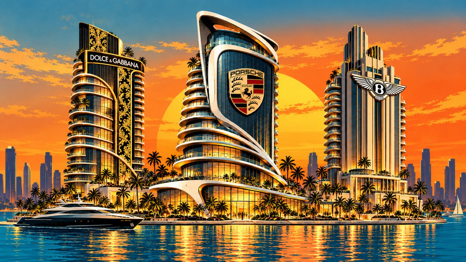 Ilustración de branded residences de lujo con las marcas Dolce & Gabbana, Porsche y Bentley.