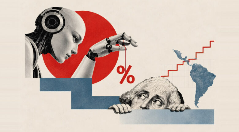 Ilustración editorial de un robot de inteligencia artificial manipulando las tasas de interés, mientras George Washington observa con preocupación y América Latina enfrenta una gráfica ascendente.